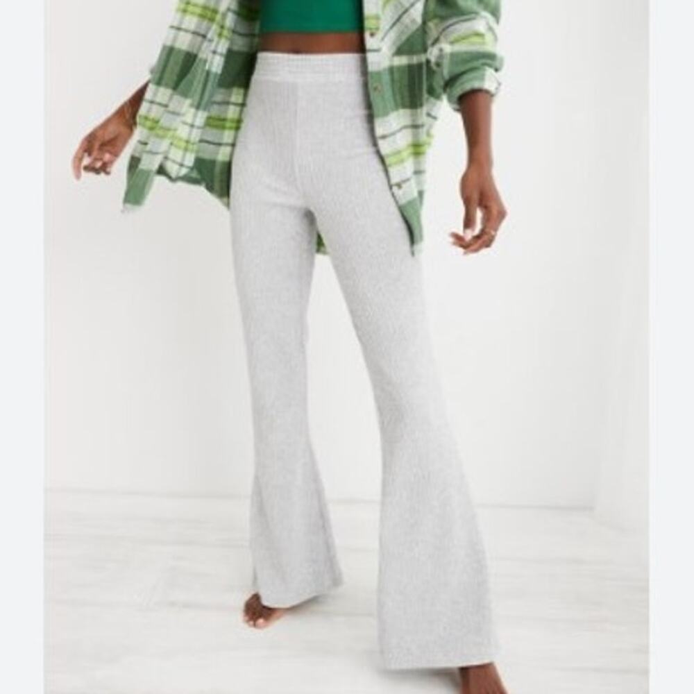 Aerie Gray Ribbed Groove On Velour High Waisted Flare Pant Plus Size XXL Casual